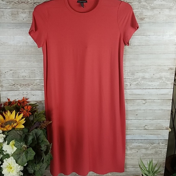 Eileen Fisher, women's Coral dress, round neck, short-sleeves, Sz XS/TP - Picture 2 of 7